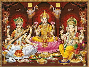 Ganesha Lakshmi Saraswati Panchami Pooja Illustration with Offerings and Diya HD wallpaper