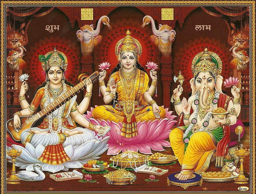 Ganesha Lakshmi Saraswati Panchami Pooja Illustration with Offerings and Diya HD wallpaper