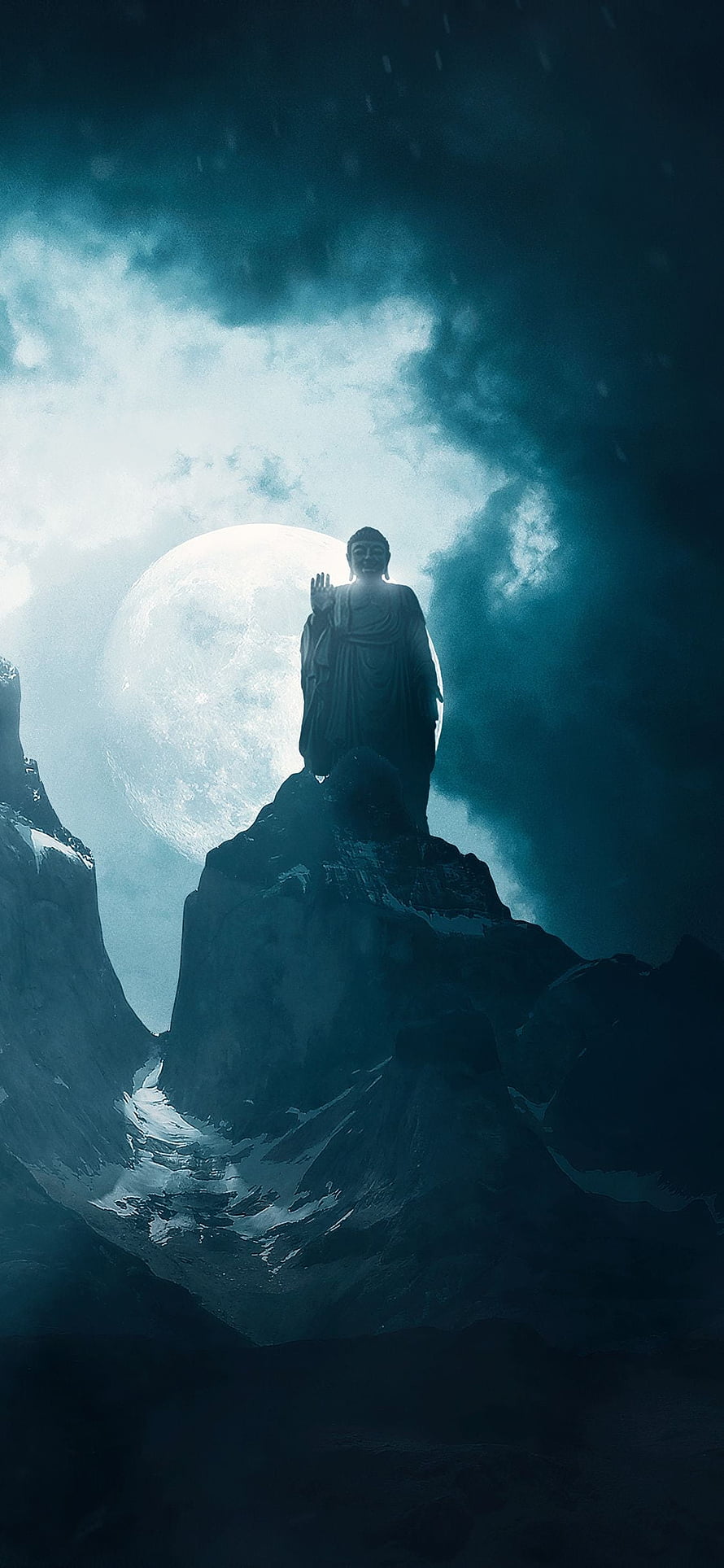 Serene Buddha Statue Silhouette on Rocky Peak with Full Moon and Dramatic Clouds HD phone wallpaper