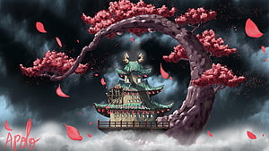 One Piece Wano Kuni Pagoda Framed by Cherry Blossom Arch in Stormy Clouds HD wallpaper
