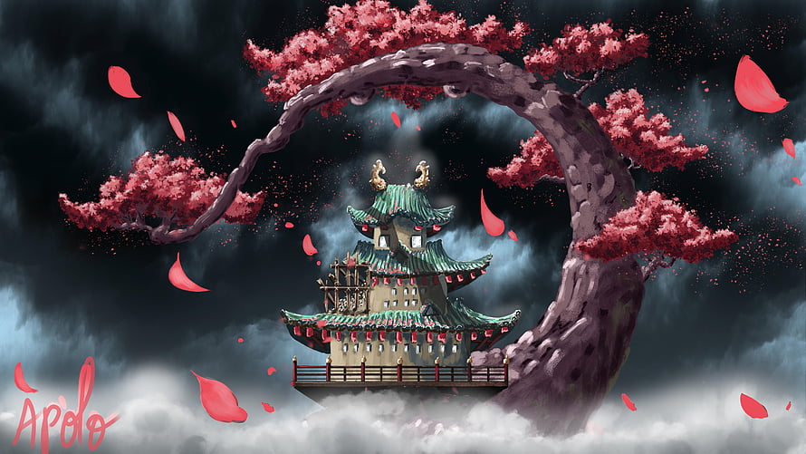 One Piece Wano Kuni Pagoda Framed by Cherry Blossom Arch in Stormy Clouds HD wallpaper