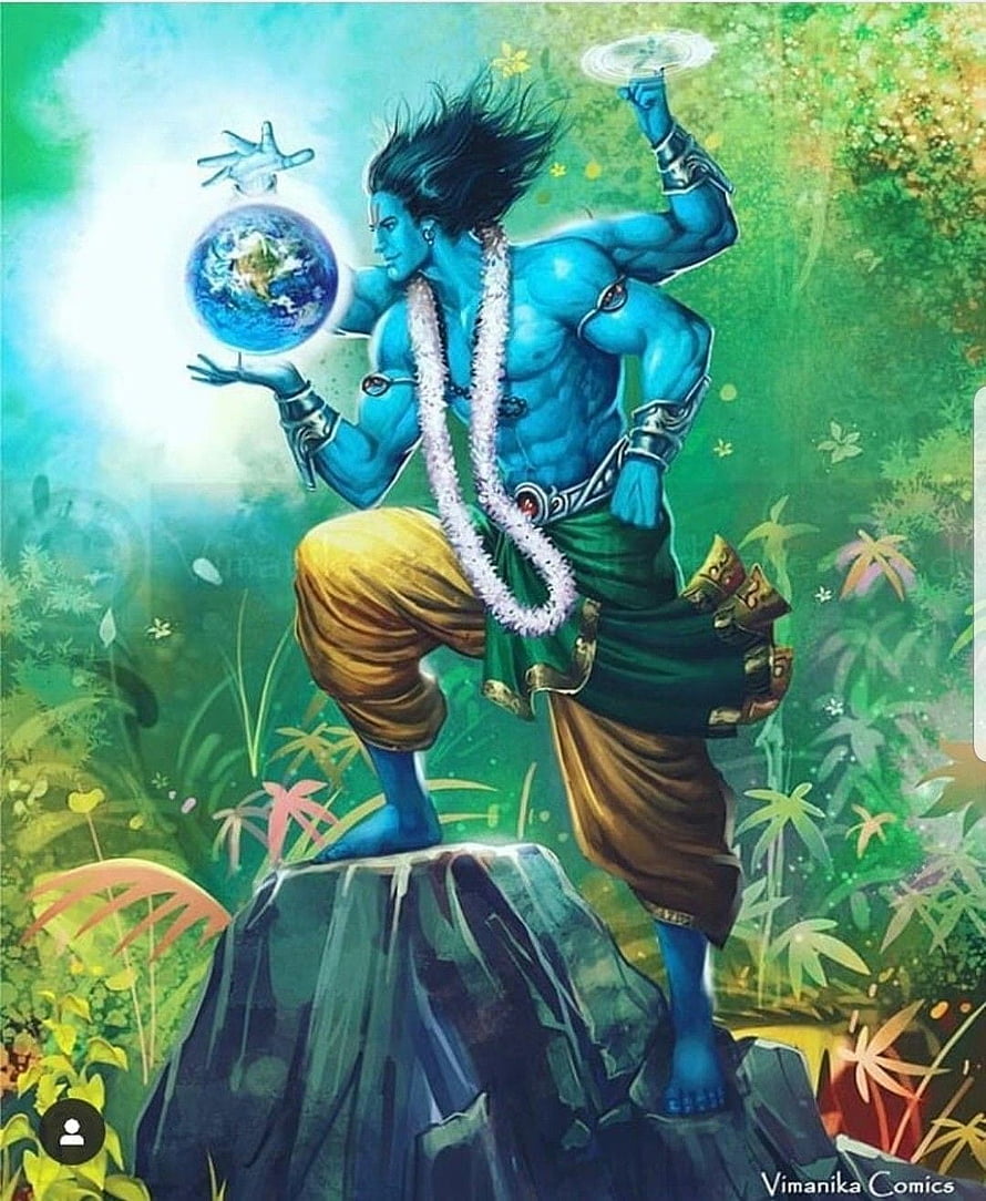 Blue-skinned Hindu deity holding Earth and Sudarshana Chakra in lush jungle HD phone wallpaper