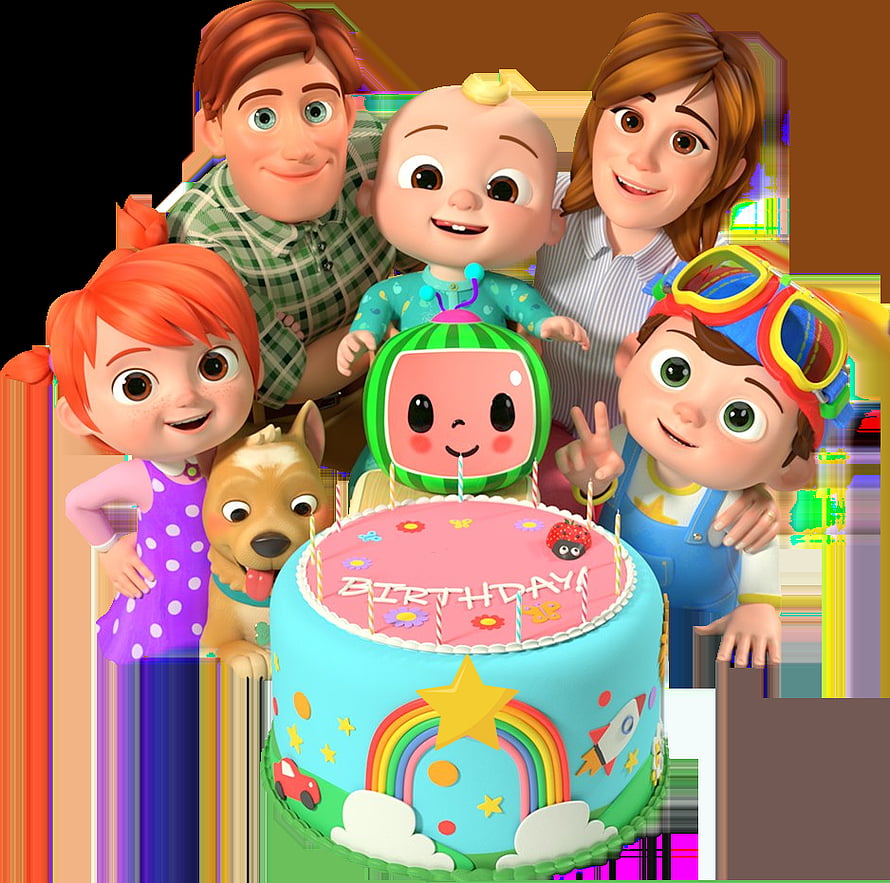 Cocomelon Family Birthday Celebration with JJ and Friends Around a Colorful Cake HD wallpaper