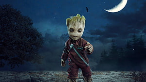 Baby Groot Standing Under a Crescent Moon in a Misty Night Forest HD wallpaper
