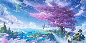 Giant Sakura Tree Over Ocean With Floating Islands And Mythical Creatures In Fantasy Anime Landscape HD wallpaper