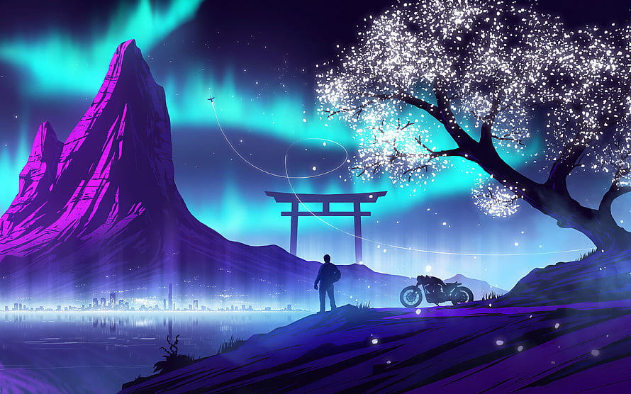 Vaporwave Night Scene with Torii Gate, Motorcycle, and Aurora Skyline HD wallpaper