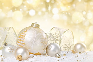 Elegant White and Gold Christmas Ornaments with Snowflakes and Festive Ribbon HD wallpaper