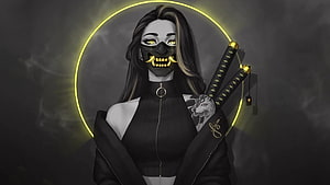 Anime Girl With Golden Eyes And Hannya Mask Holding Dual Katana Swords HD wallpaper