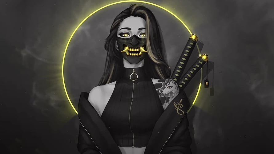 Anime Girl With Golden Eyes And Hannya Mask Holding Dual Katana Swords HD wallpaper