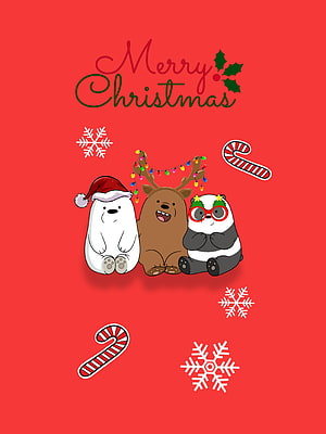 Cute Cartoon Bears in Christmas Outfits with Candy Canes and Snowflakes on Red Background HD phone wallpaper