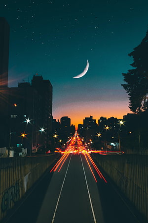 City Highway at Dusk with Crescent Moon and Starry Sky HD phone wallpaper