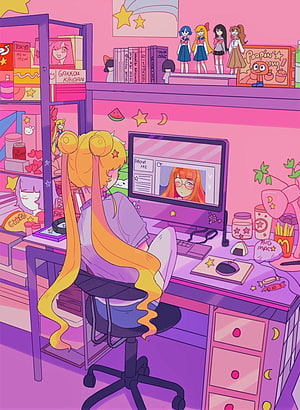 Sailor Moon Aesthetic Bedroom Setup with Anime Girl at Desk HD phone wallpaper