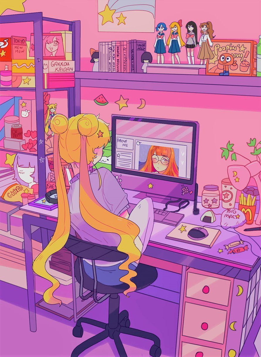 Sailor Moon Aesthetic Bedroom Setup with Anime Girl at Desk HD phone wallpaper