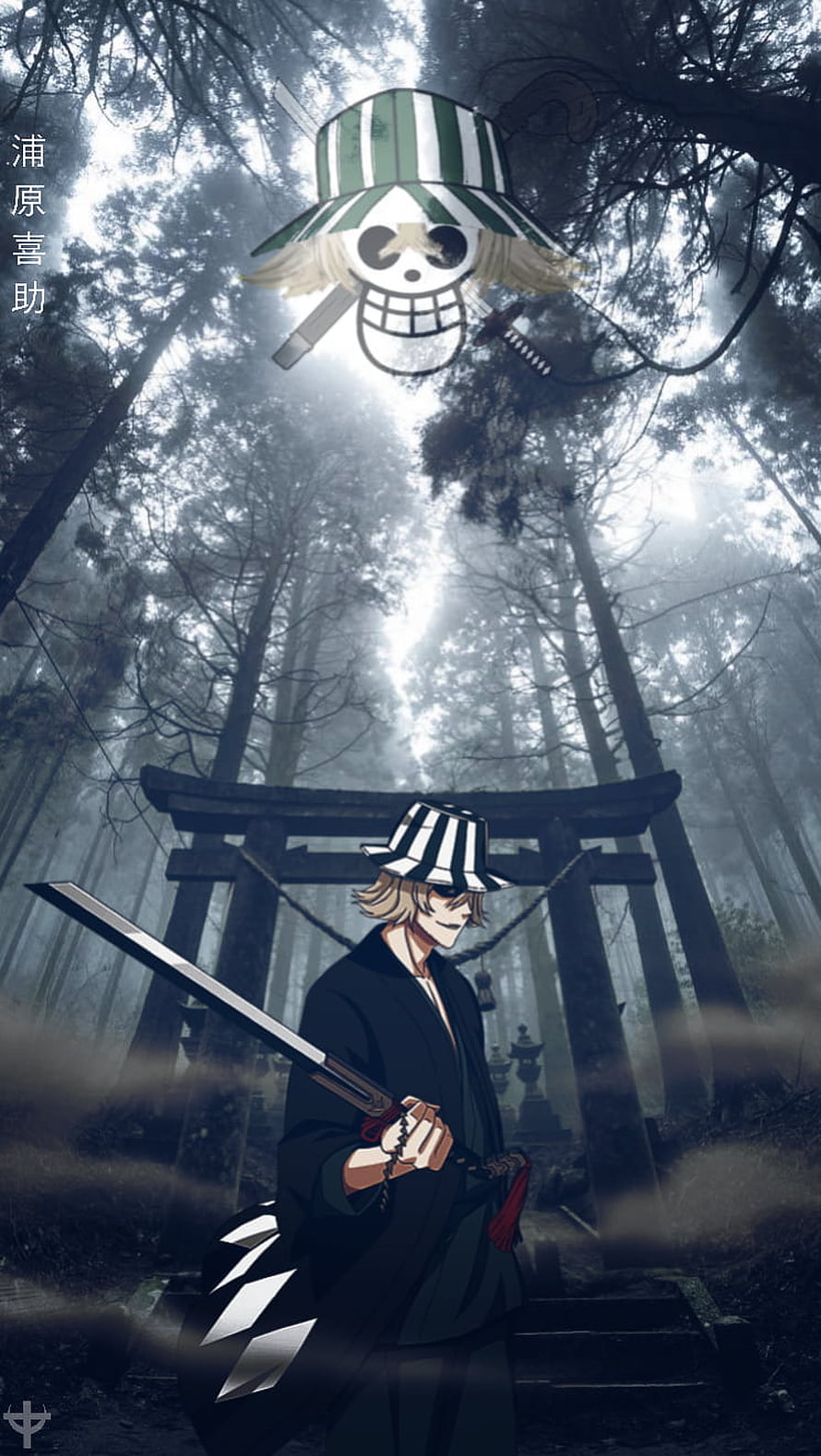 Urahara Kisuke and the Menos Mask in a Misty Forest Shrine HD phone wallpaper