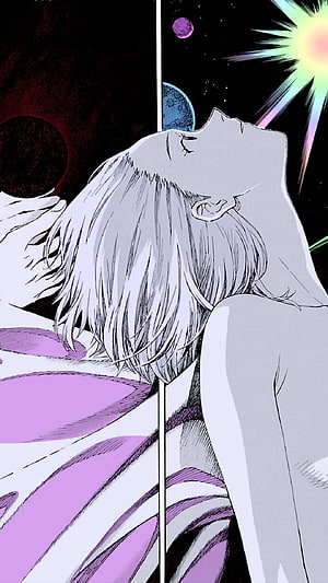 Rei Ayanami Evangelion Manga Artwork with Cosmic Background and Purple Planets HD phone wallpaper