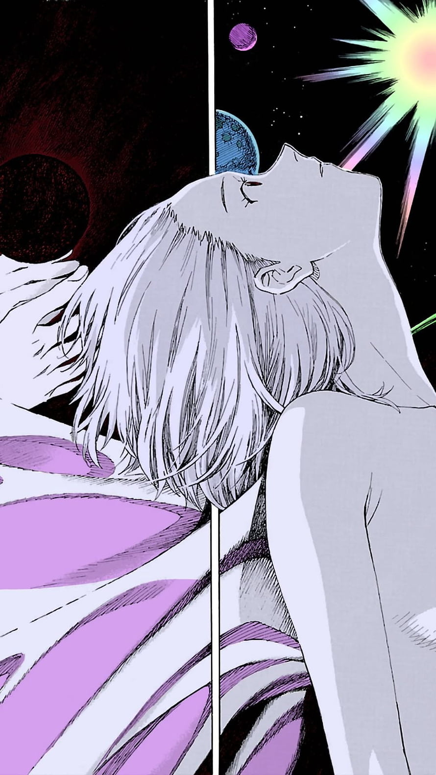 Rei Ayanami Evangelion Manga Artwork with Cosmic Background and Purple Planets HD phone wallpaper