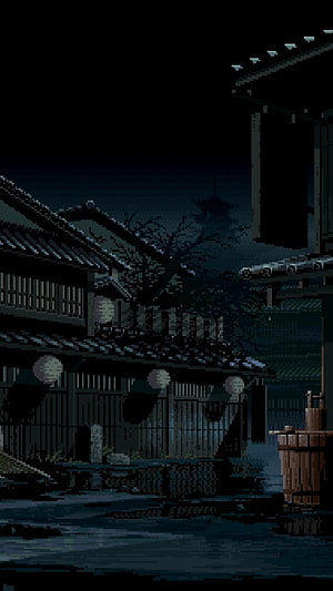 Dark Pixel Art Japanese Village Night Scene with Lanterns and Water Reflections HD phone wallpaper