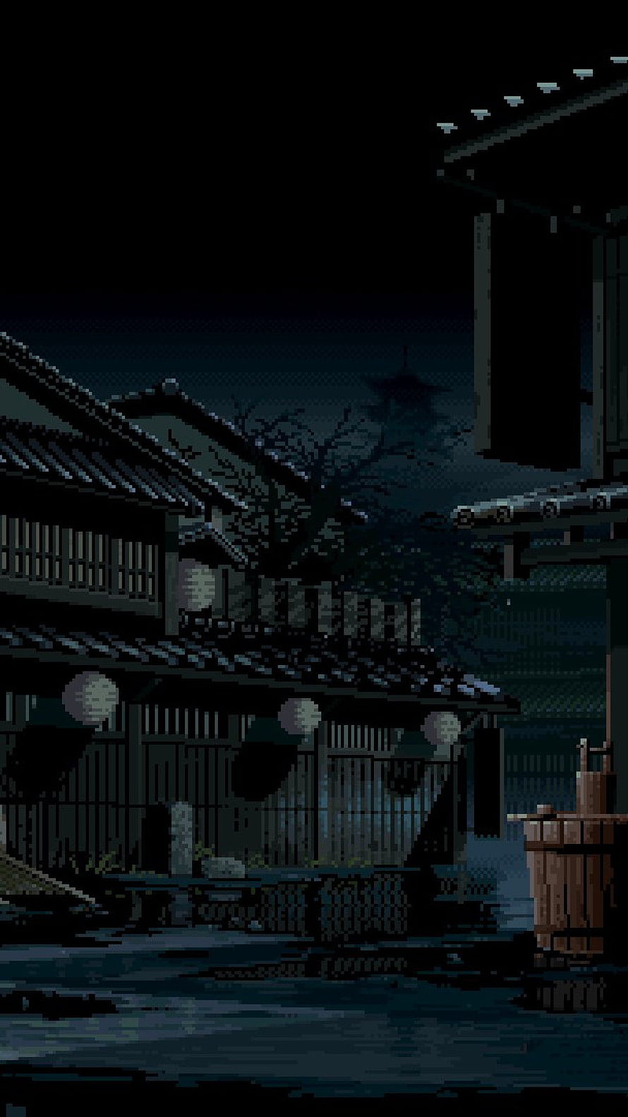 Dark Pixel Art Japanese Village Night Scene with Lanterns and Water Reflections HD phone wallpaper