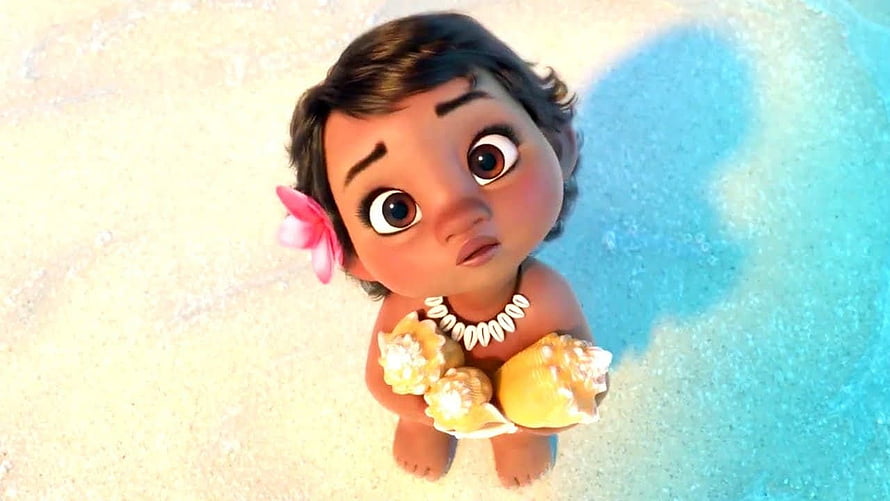 Baby Moana Holding Seashells on a Tropical Beach in 3D Animation Style HD wallpaper