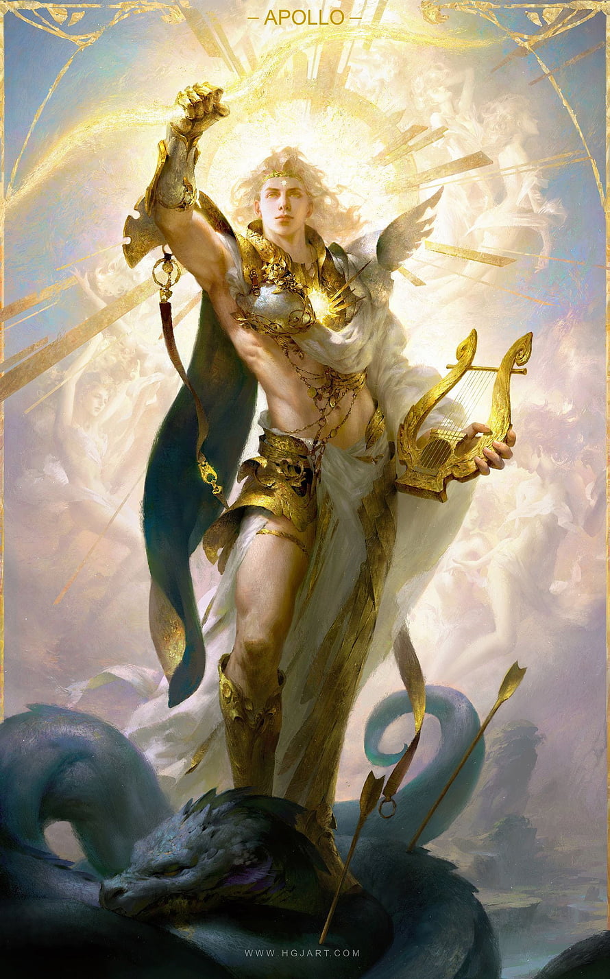 Apollo Greek God of the Sun Holding Golden Lyre and Bow Above Serpent HD phone wallpaper