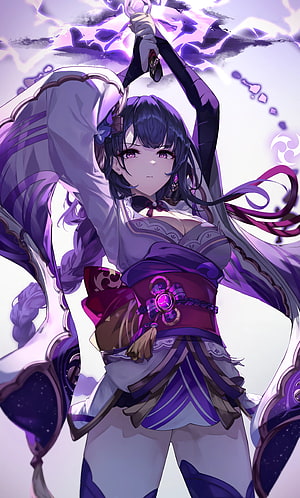 Raiden Shogun wielding Electro power in purple and white outfit HD phone wallpaper
