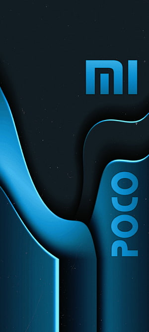 Xiaomi Poco Blue Abstract Wave Design with Layered Geometric Shapes and Brand Logos HD phone wallpaper