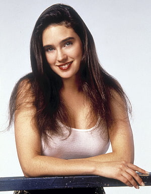 Jennifer Connelly Studio Portrait in White Tank Top with Long Dark Hair HD phone wallpaper