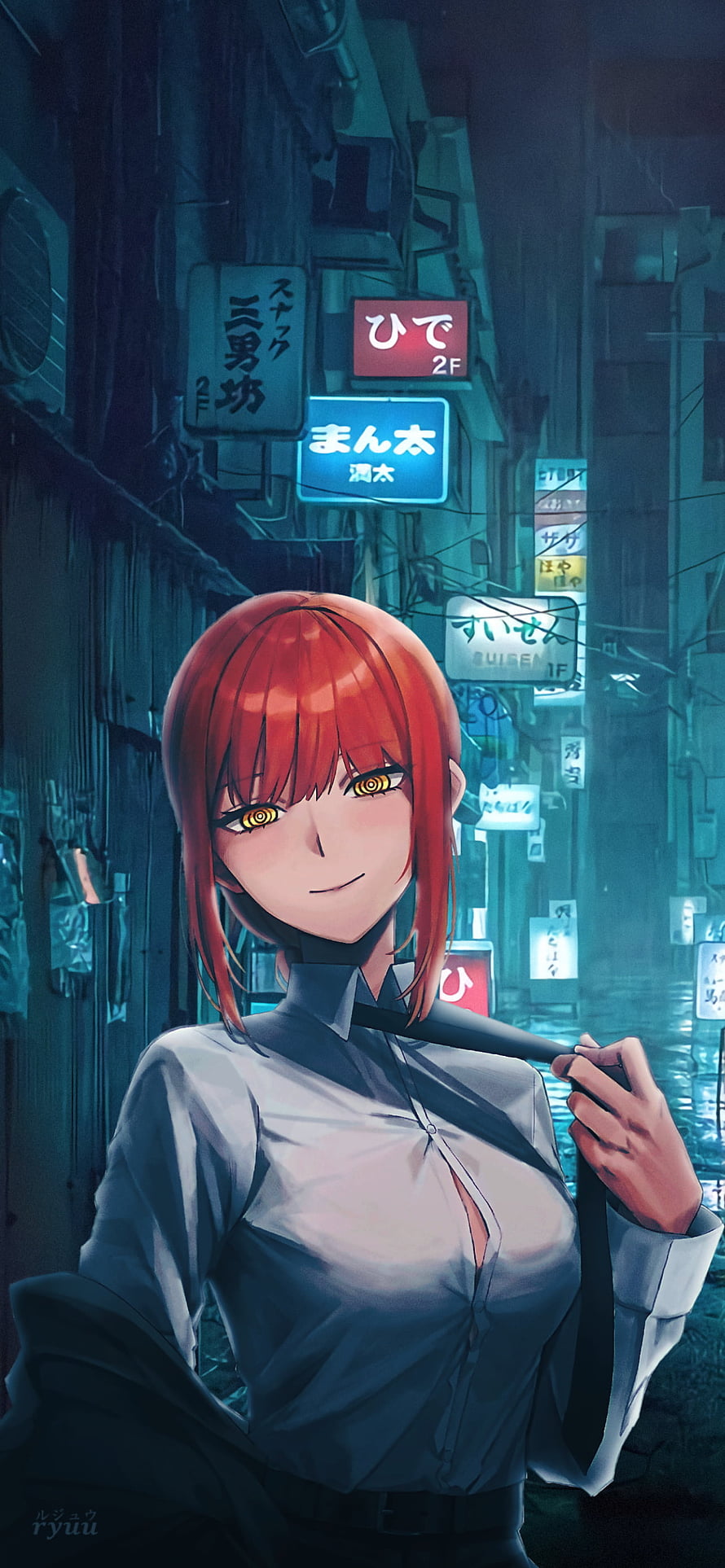 Anime Girl With Red Hair And Yellow Eyes In Neon City Street HD phone wallpaper