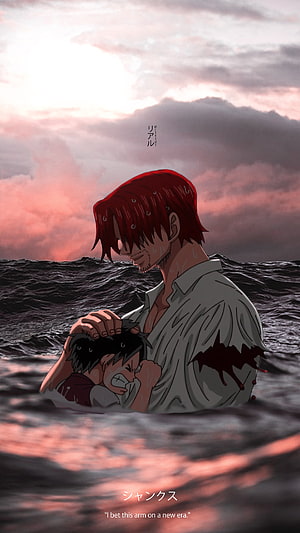 Shanks holding young Luffy in the ocean at sunset from One Piece anime HD phone wallpaper
