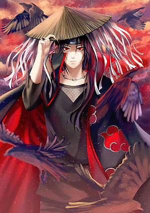 Itachi Uchiha from Naruto wearing Akatsuki cloak and straw hat with crows HD phone wallpaper