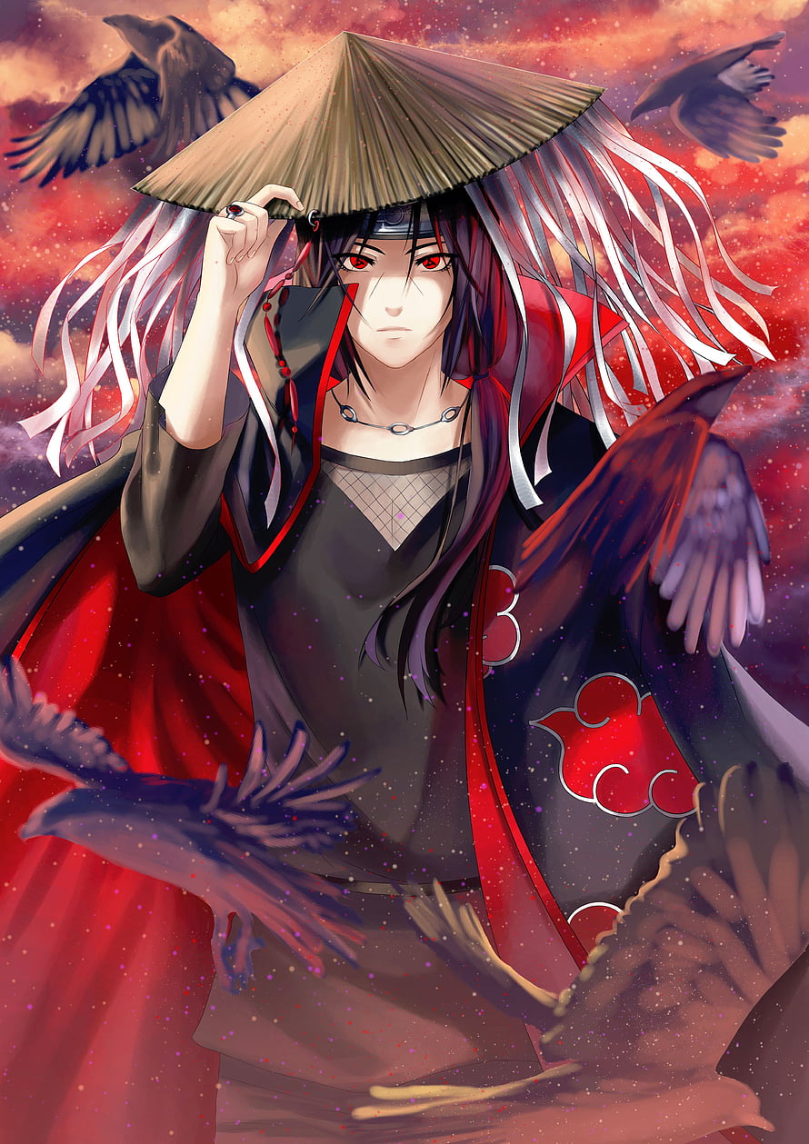 Itachi Uchiha from Naruto wearing Akatsuki cloak and straw hat with crows HD phone wallpaper