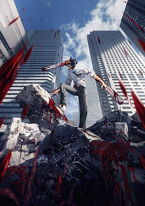 Chainsaw Man anime wallpaper featuring Denji with chainsaw arms and head in a destroyed city, Chainsaw Man, movie_japan, anime_ HD phone wallpaper
