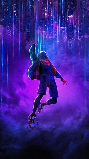 Miles Morales Spider-Man Leaping Through Neon Cyberpunk Cityscape, Miles Morales Spider New, Superheroes and ID. Marvel , Marvel superhero posters, Marvel spiderman art, Spider Man Purple HD phone wallpaper