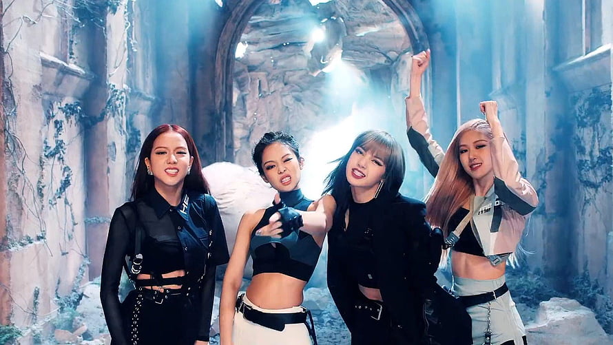 BLACKPINK K-Pop Group in Edgy Black Outfits Inside Ruined Stone Archway HD wallpaper