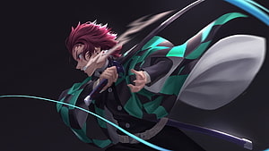 Tanjiro Kamado from Demon Slayer wielding his sword in a dynamic combat pose with blue energy effects HD wallpaper