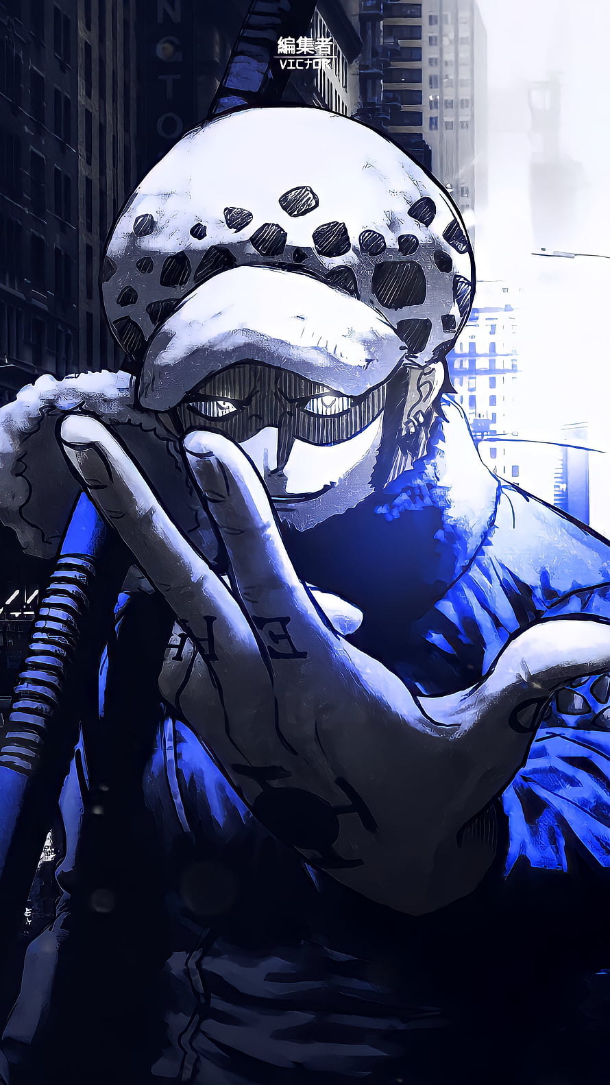 Trafalgar Law Anime Character Artwork with Spotted Hat and Blue Tint HD phone wallpaper