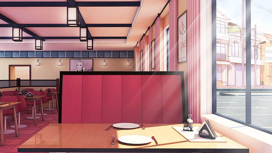 Sunlit Anime Cafe Interior With Pink Booths And Large Windows HD wallpaper