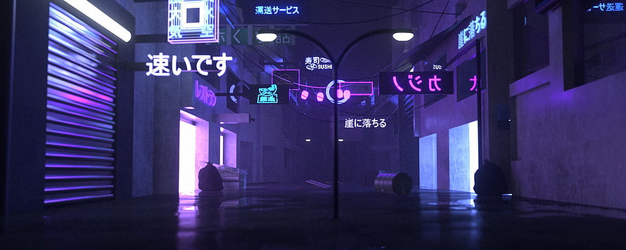 Cyberpunk Alley with Japanese Neon Signs and Purple Street Lighting HD wallpaper