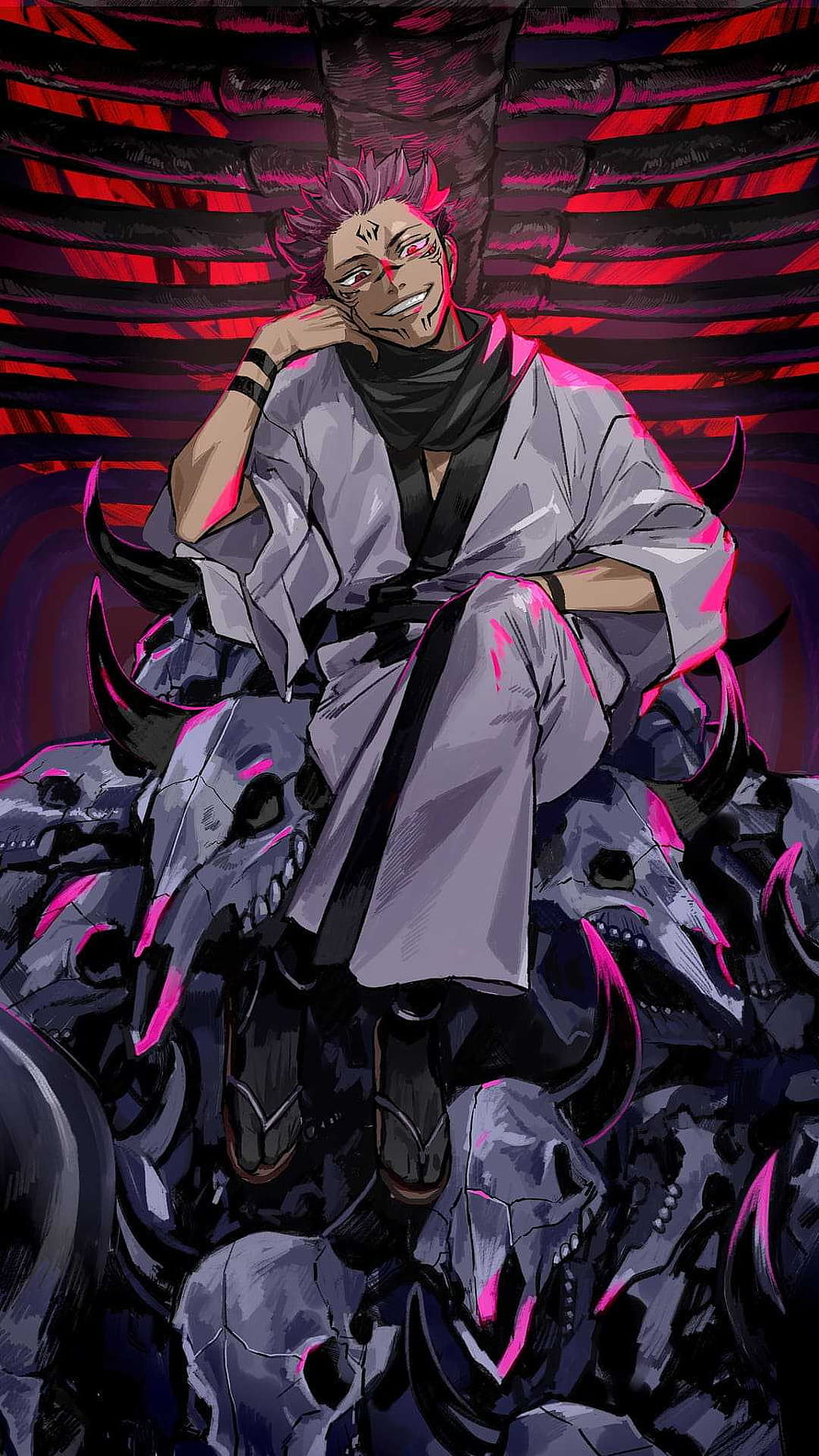 Sukuna Ryomen from Jujutsu Kaisen sitting on a throne of skulls with a sinister grin HD phone wallpaper