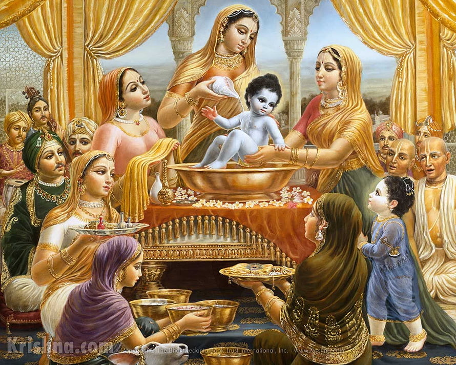 Krishna Leela: The Divine Bathing Ceremony of Lord Krishna in a Royal Indian Palace HD wallpaper