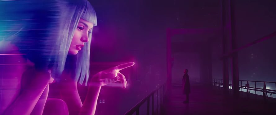 Blade Runner 2049 Joi Hologram in Neon Purple Industrial Setting HD wallpaper