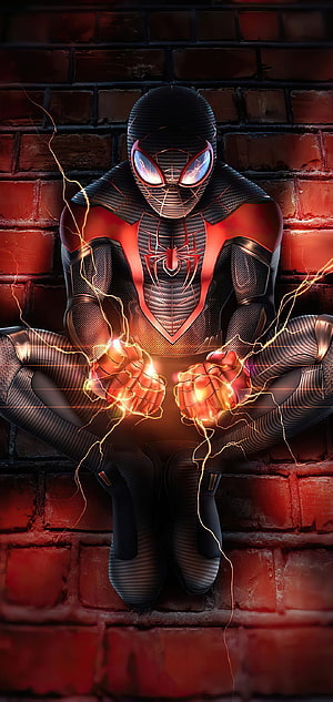 Miles Morales in Black and Red Suit Meditating with Electric Energy on Brick Wall HD phone wallpaper