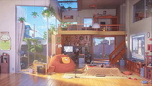 Cozy Anime-Style Living Room Interior with Sunlight, Bean Bag, and Mezzanine HD wallpaper
