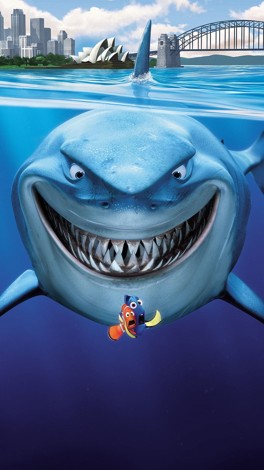 Finding Nemo Animated Poster Featuring Marlin Dory and Bruce Shark in Sydney Harbour HD phone wallpaper