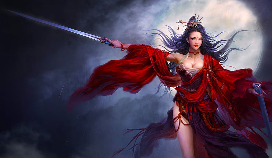 Scarlett Warrior Woman Wielding Sword in Dramatic Fantasy Digital Art, Scarlett Warrior Woman, scarlett, art, sword, , girl, woman, digital, fantasy, pretty, red, warrior HD wallpaper