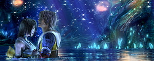 Final Fantasy X and Yuna in a Starlit Lagoon with Glowing Crystals HD wallpaper