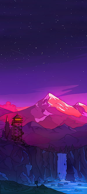 Vibrant Purple Mountain Landscape with Fire Lookout Tower and Waterfall at Night HD phone wallpaper