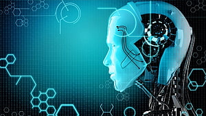 Futuristic Robot Head Profile With Exposed Mechanical Gears And Blue Digital Circuitry Background HD wallpaper