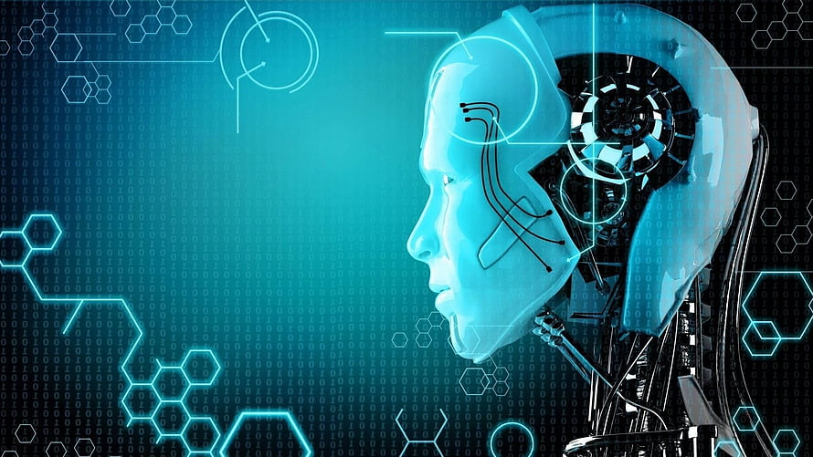 Futuristic Robot Head Profile With Exposed Mechanical Gears And Blue Digital Circuitry Background HD wallpaper
