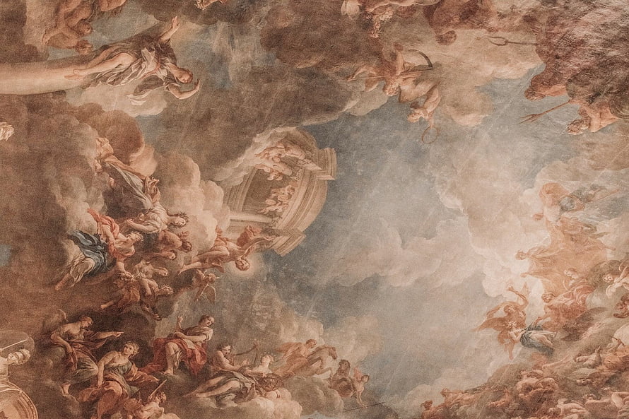 Baroque Ceiling Fresco with Celestial Figures and Clouds in Classical Style HD wallpaper